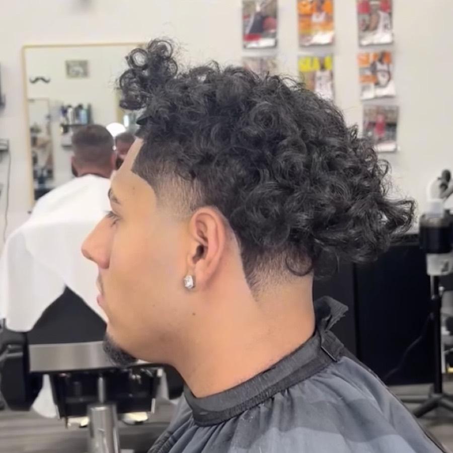 Curly top with a mid fade